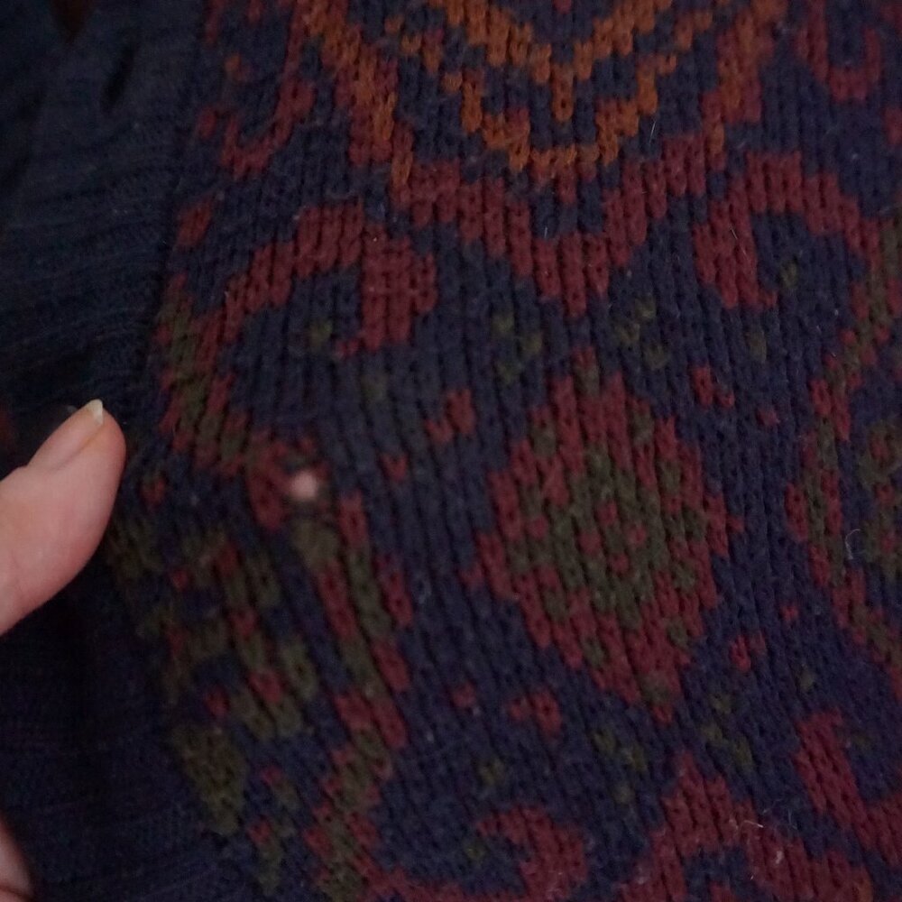 Vintage Melange Navy Burgundy Geometric Knit Button Front Cardigan Sweater L - Picture 11 of 11